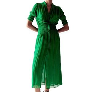 Zara Green Pleated Sundress with Plunge Neckline